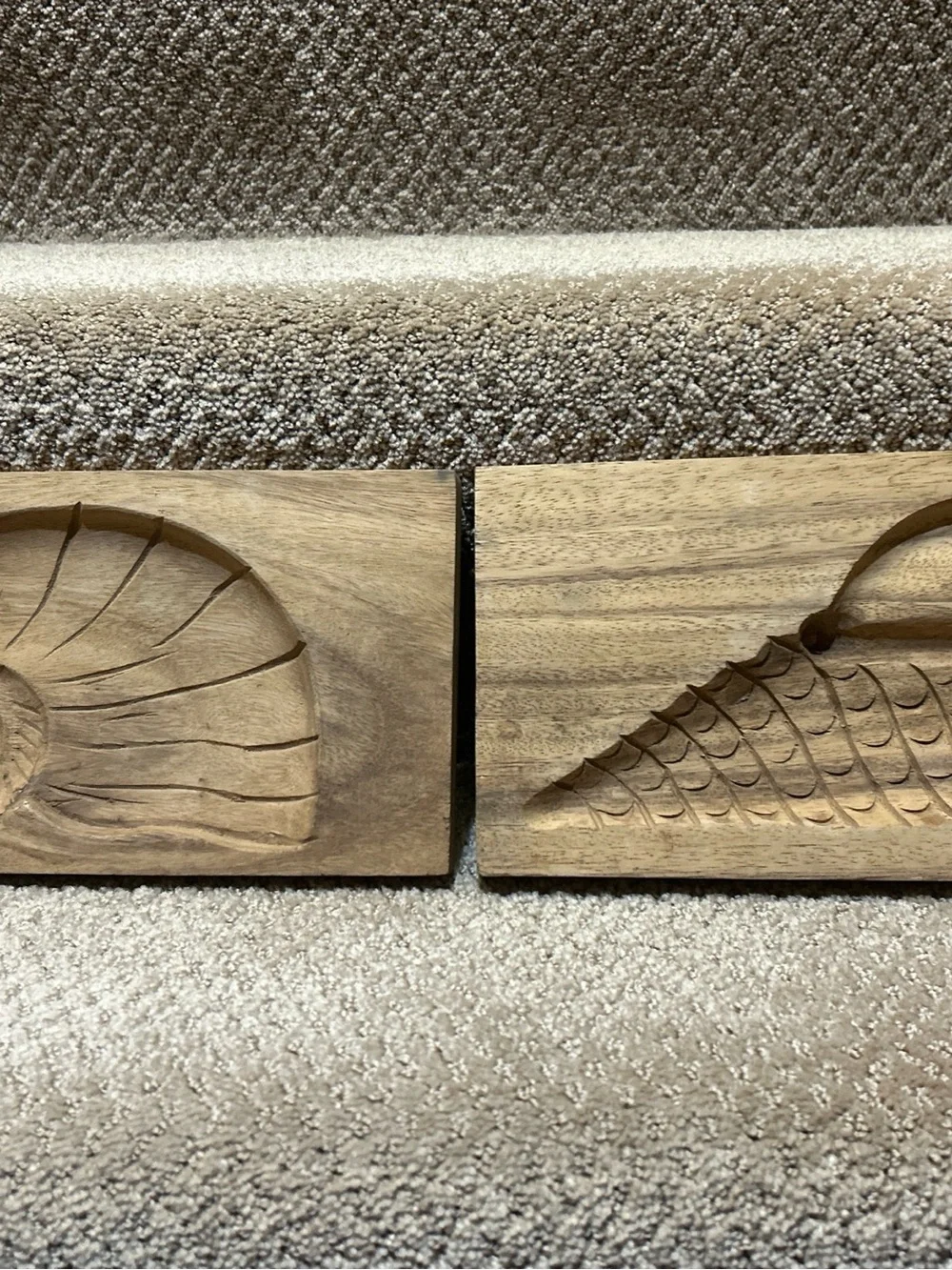 Pair 2 Japanese Kashigata Wood Carved Cake Mold Nautical Shells Sea Intricate